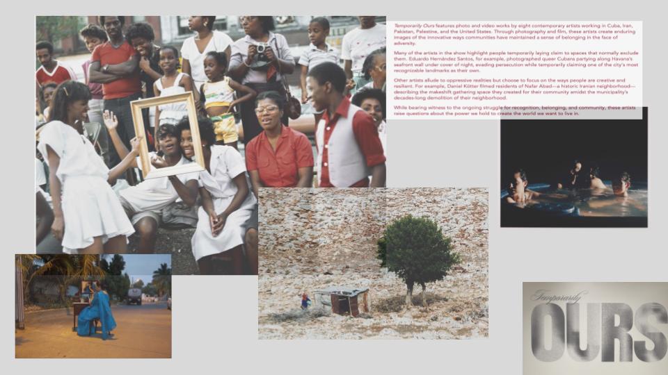 This image is a collage or a page from a publication, featuring multiple photographs and text, arranged on a light beige or off-white background. The overall theme appears to be an exhibition titled "Temporarily