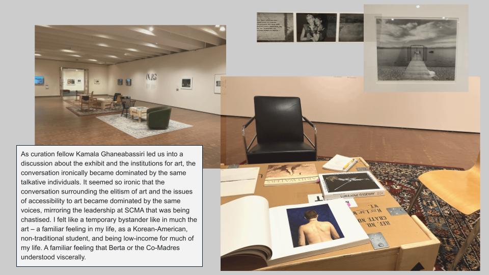 This image is a composite, featuring multiple elements arranged to convey a sense of a research space or an exhibition environment, overlaid with a significant block of text. The overall aesthetic suggests a personal reflection on art,