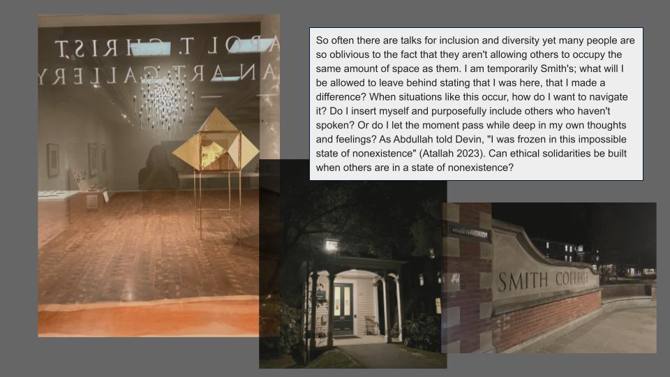 This image is a digital collage presented on a dark gray background, featuring three distinct photographs and a large block of text. The overall impression is one of reflection, space, and institutional context, aligning with the