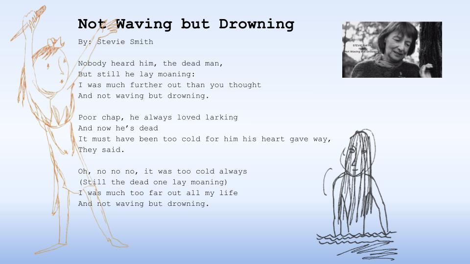 This image is a digital page featuring the poem "Not Waving but Drowning" by Stevie Smith, accompanied by two line-art illustrations and a black-and-white photograph of the author. The