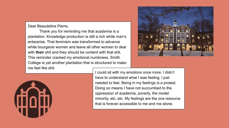 This image is a digital collage set against a solid, muted reddish-orange background. It features three distinct elements: two white text boxes and a photograph, along with a circular logo in the