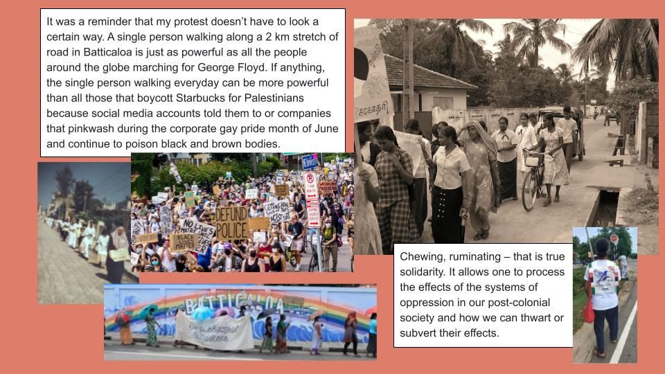 This image is a collage set against a muted reddish-orange background, featuring four photographs and two blocks of text, all related to themes of protest, solidarity, and post-colonial society. Here'