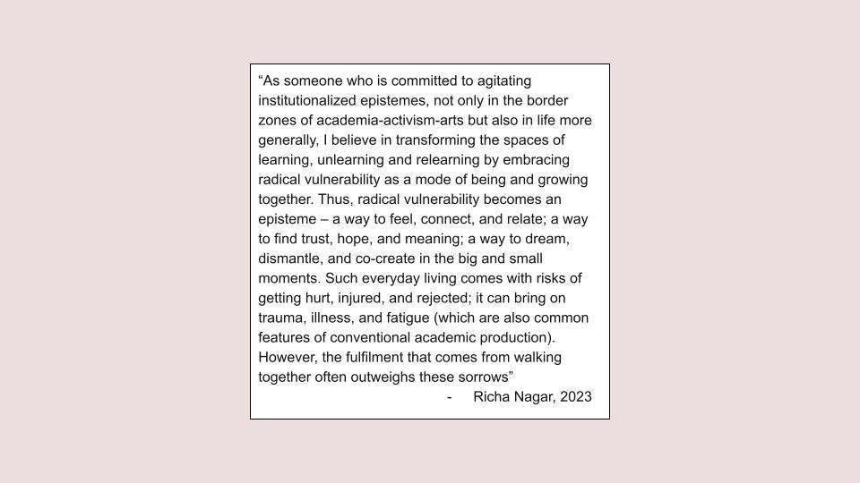 This image displays a single page of text, likely from a zine or publication, set against a solid, very pale pink or off-white background. Centered on the page, a rectangular white box