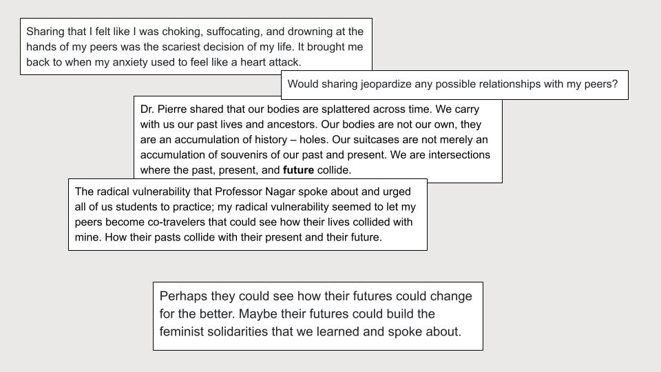 This image is a page from a zine, featuring five rectangular text boxes with black borders and black text on a plain, light grey background. The boxes are arranged in a somewhat cascading and