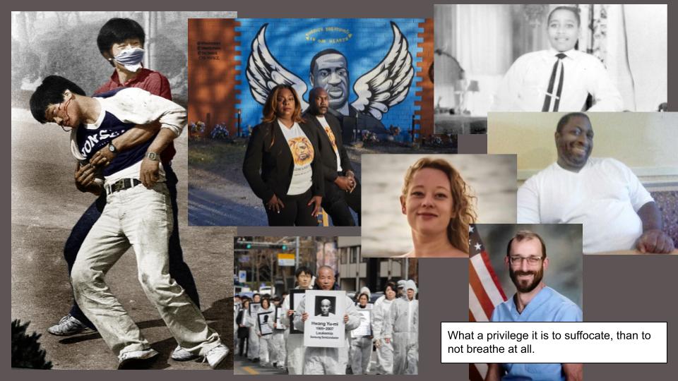 This image is a complex collage of several photographs, some in black and white and some in color, overlaid on a dark grey background. The overall theme, given the title "Suffocation Zine,"