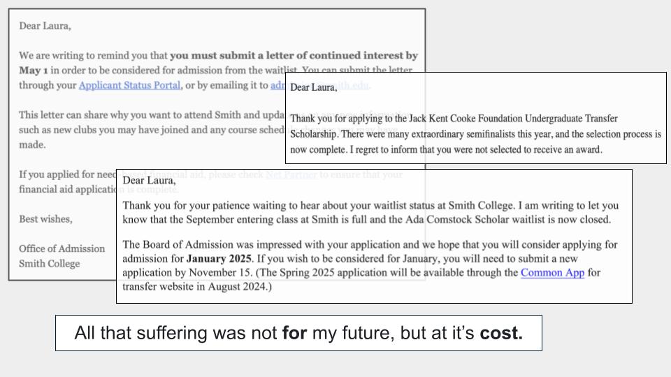 This image, titled '3.jpg' and part of a 'Suffocation Zine', is a poignant collage of digital rejection letters and a personal reflection. It features three overlapping text documents, resembling emails