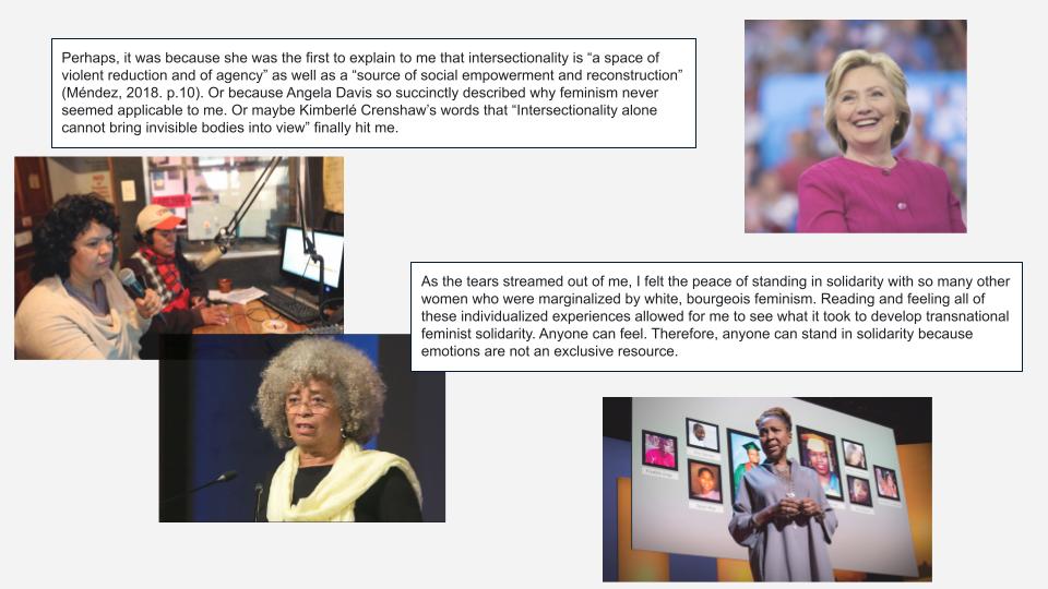 This image is a multi-panel collage featuring text and photographs, set against a plain light grey background. The overall theme appears to be related to feminism, intersectionality, and social justice,