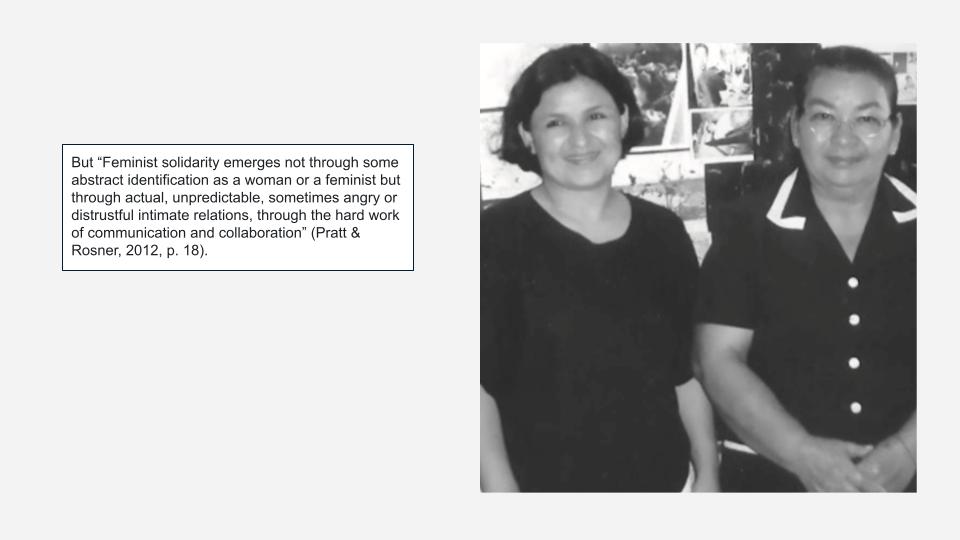 This image is a page layout featuring a block of text on the left and a black and white photograph of two women on the right, set against a light gray background. **On the left