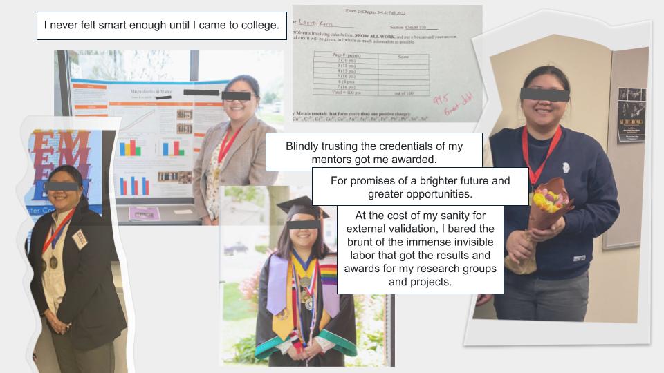 This image is a collage of four photographs of the same young East Asian woman, an academic document, and several text boxes, all arranged on a plain white background. The overall impression is a critical